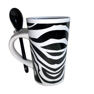 Zebra Print Mug With Matching Black Spoon 12 Oz V&S Houseware Ceramic Dishwasher